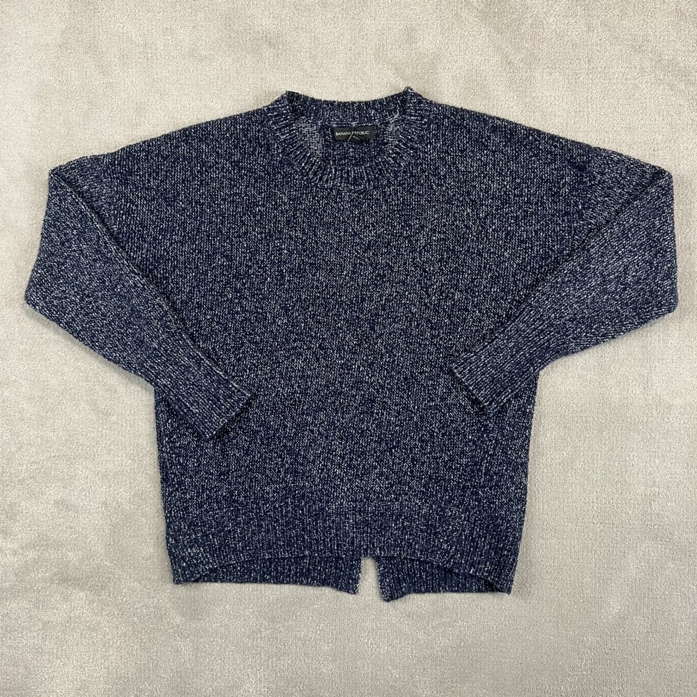 Banana Republic Size M Navy Marled Knit Split Back Hem Crewneck Sweater Preppy